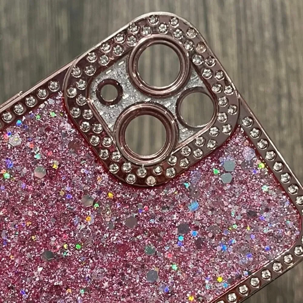 iPhone 13 Phone Case Glitter Bling Sequins Silicone Pink